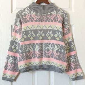 Croquet Club 80's Vintage Funky Fair Isle Knit Mock Neck Sweater Gray Pink Small